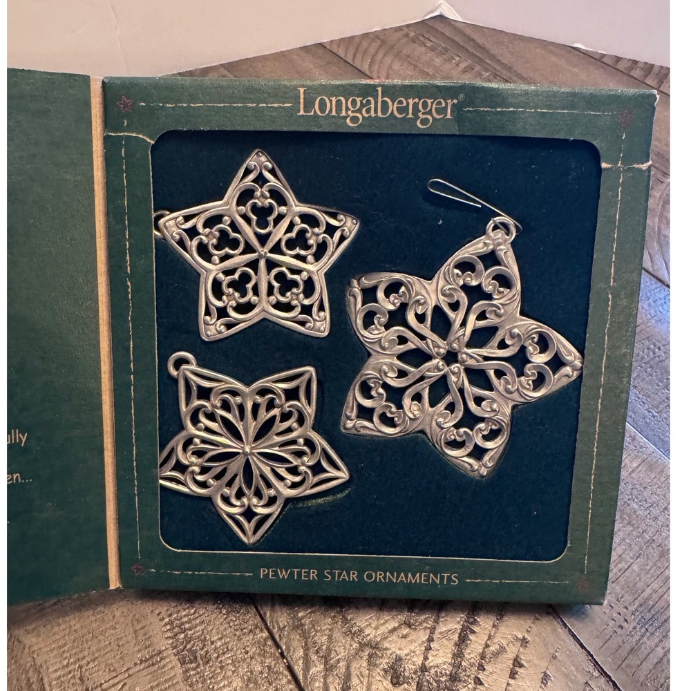 Longaberger Pewter Star Ornaments Set of 3 Silver 2001 Vintage Lace Star Bright